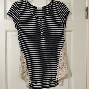 Navy striped blouse with crochet detailing